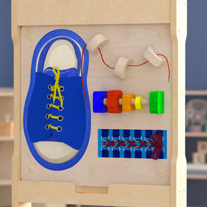 Bright Beginnings Commercial Grade STEAM Wall Activity Board with Natural Finish and Multicolor Accents, Tie It-Turn It