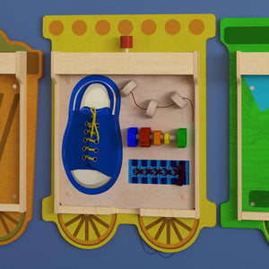 Bright Beginnings Commercial Grade STEAM Wall Activity Board with Natural Finish and Multicolor Accents, Tie It-Turn It