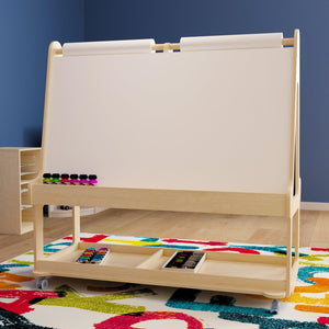 Bright Beginnings Commercial Grade Wooden Mobile Dual Sided 4 Person Art Station with Bottom Shelf Storage, Natural Finish