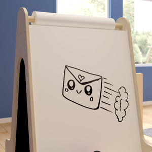 Bright Beginnings Commercial Grade Wooden Mobile Dual Sided 2 Person Art Station with Bottom Shelf Storage, Natural Finish