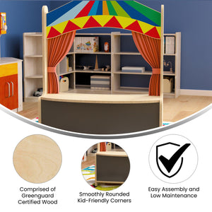 Bright Beginnings Commercial Grade Mobile Wooden Puppet Theater with Removable Curtains and Bottom Magnetic Chalkboard, Natural Finish