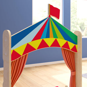 Bright Beginnings Commercial Grade Mobile Wooden Puppet Theater with Removable Curtains and Bottom Magnetic Chalkboard, Natural Finish