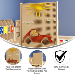 Bright Beginnings Commercial Grade Natural Finish Wooden Double Sided Freestanding STEAM Wall Base with Peg Panels