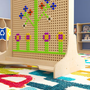 Bright Beginnings Commercial Grade Natural Finish Wooden Double Sided Freestanding STEAM Wall Base with Peg Panels