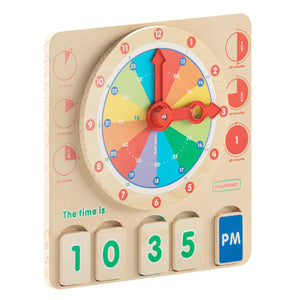 Bright Beginnings Commercial Grade STEM Telling Time Learning Board with Digital and Analog Readings, Natural Finish with Multicolor Accents