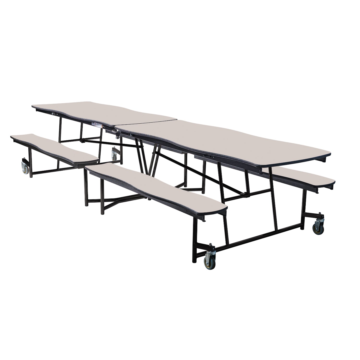 Mobile Cafeteria Table with Benches, 12' Swerve, MDF Core, Black ProtectEdge, Textured Black Frame