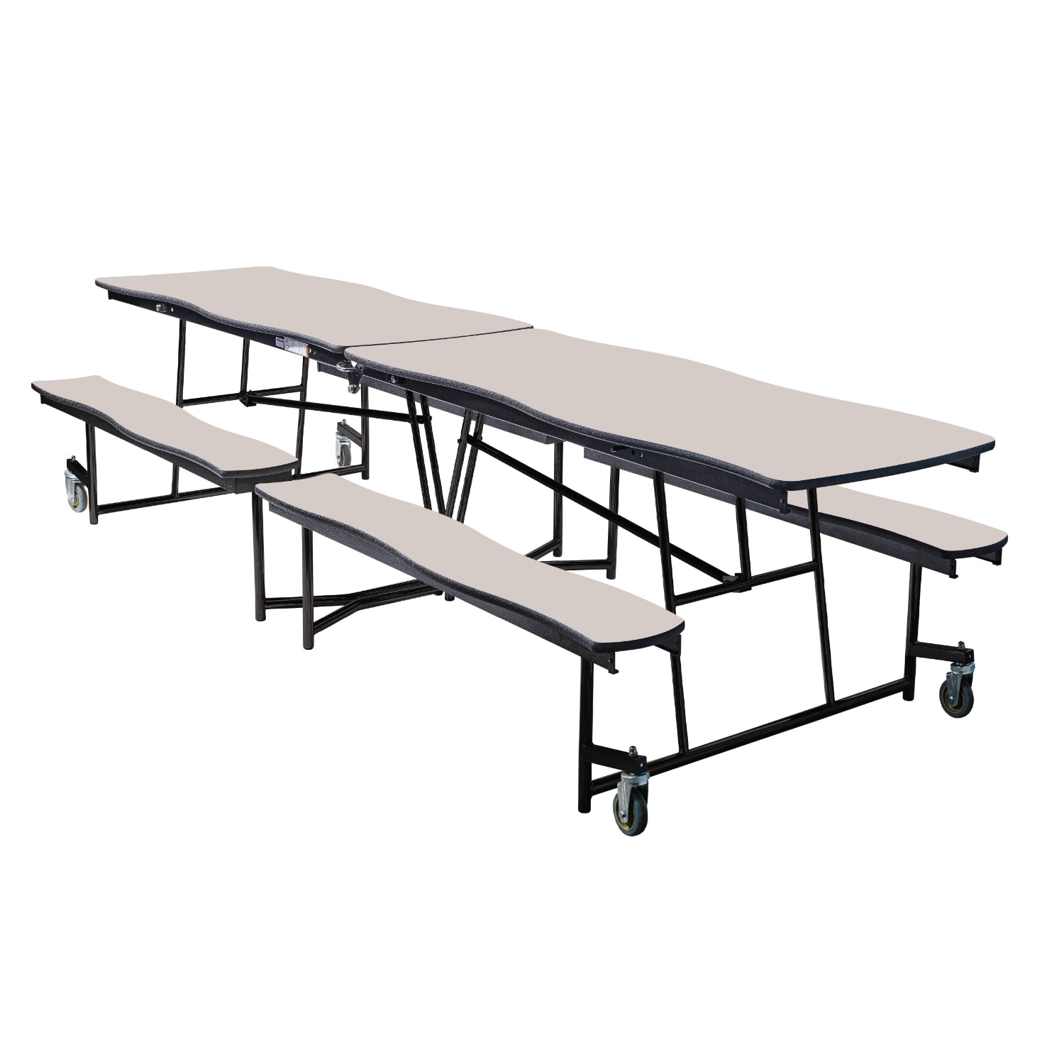 Mobile Cafeteria Table with Benches, 8' Swerve, Particleboard Core, Vinyl T-Mold Edge, Textured Black Frame