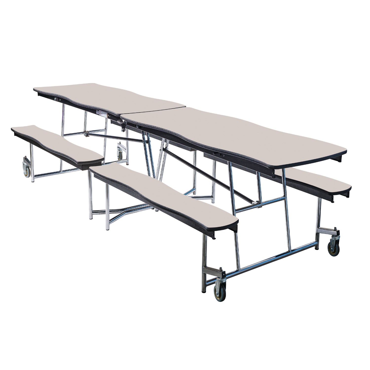 Mobile Cafeteria Table with Benches, 8' Swerve, Plywood Core, Vinyl T-Mold Edge, Chrome Frame
