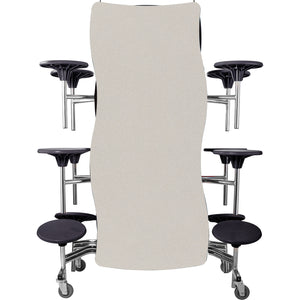 Mobile Cafeteria Table with 12 Stools, 12' Swerve, MDF Core, Black ProtectEdge, Chrome Frame