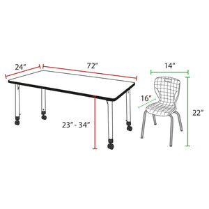 Kee Classroom Table and Chair Package, Kee 72" x 24" Rectangular Mobile Adjustable Height Table with 2 Andy 12" Stack Chairs