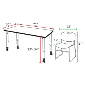 Kee Classroom Table and Chair Package, Kee 72" x 30" Rectangular Mobile Adjustable Height Table with 2 Black Zeng Stack Chairs