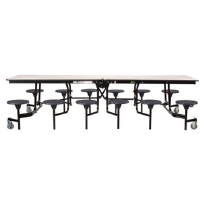 Mobile Cafeteria Table with 12 Stools, 10'L Rectangular, Particleboard Core, Vinyl T-Mold Edge, Textured Black Frame