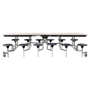 Mobile Cafeteria Table with 12 Stools, 10'L Rectangular, Plywood Core, Vinyl T-Mold Edge, Chrome Frame