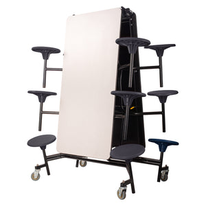 Mobile Cafeteria Table with 12 Stools, 10'L Rectangular, Plywood Core, Vinyl T-Mold Edge, Textured Black Frame