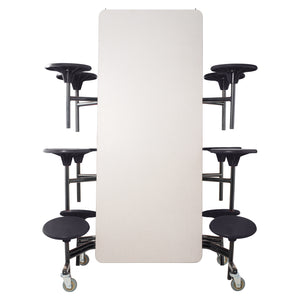 Mobile Cafeteria Table with 12 Stools, 12'L Rectangular, Particleboard Core, Vinyl T-Mold Edge, Textured Black Frame