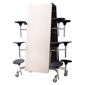 Mobile Cafeteria Table with 12 Stools, 12'L Rectangular, Plywood Core, Vinyl T-Mold Edge, Chrome Frame