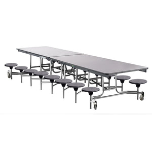 Mobile Cafeteria Table with 16 Stools, 12'L Rectangular, MDF Core, Black ProtectEdge, Chrome Frame