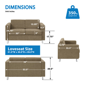 Pacific Loveseat with Chrome Finish Legs, Sergio Solids Fabric Upholstery