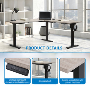 Primo Sit-to-Stand Electric Height-Adjustable L-Desk, Black Base/Light Grey Top