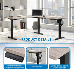Primo Sit-to-Stand Electric Height-Adjustable L-Desk, Black Base/Light Grey Top