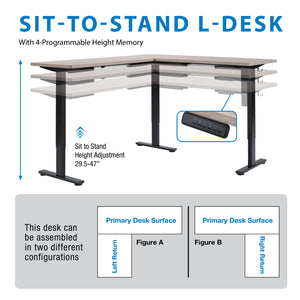 Primo Sit-to-Stand Electric Height-Adjustable L-Desk, Black Base/Light Grey Top