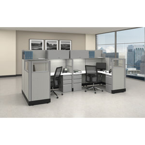 Systems In Stock 12' x 6' Double L-Shape Workstation with Glass Panels and Overheads, 67" H