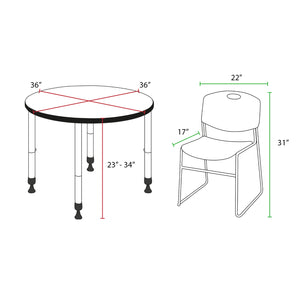 Kee Classroom Table and Chair Package, Kee 36" Round Adjustable Height Table with 4 Black Zeng Stack Chairs