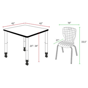 Kee Classroom Table and Chair Package, Kee 42" Square Mobile Adjustable Height Table with 4 Andy 18" Stack Chairs