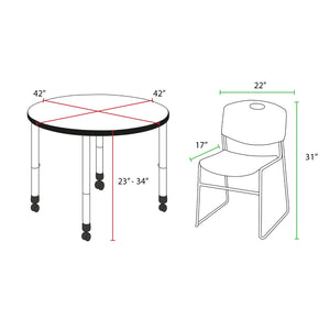 Kee Classroom Table and Chair Package, Kee 42" Round Mobile Adjustable Height Table with 4 Black Zeng Stack Chairs