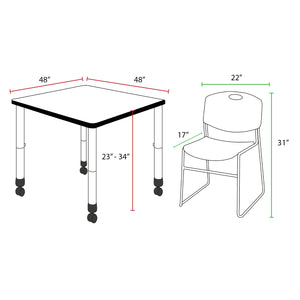 Kee Classroom Table and Chair Package, Kee 48" Square Mobile Adjustable Height Table with 4 Black Zeng Stack Chairs