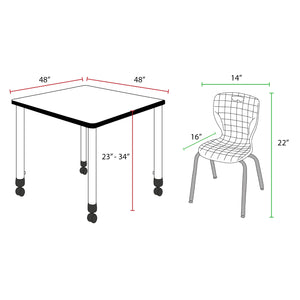 Kee Classroom Table and Chair Package, Kee 48" Square Mobile Adjustable Height Table with 4 Andy 12" Stack Chairs