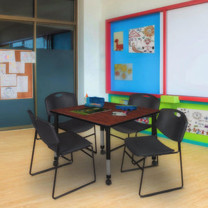Kee Classroom Table and Chair Package, Kee 48" Square Mobile Adjustable Height Table with 4 Black Zeng Stack Chairs