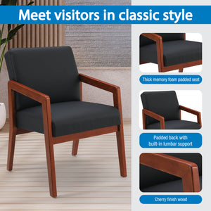 Cherry Finish Visitor's Chair with Memory Foam Seat, Black Faux Leather Upholstery