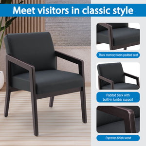 Espresso Finish Visitor's Chair with Memory Foam Seat, Black Faux Leather Upholstery