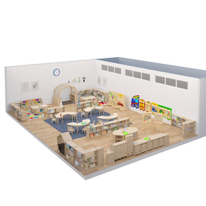 Bright Beginnings Commercial Grade Modular Wooden Classroom 2 Sided, 3 Section, Open Storage Unit with Mirrored Top and Raised Upper Edges, Natural Finish