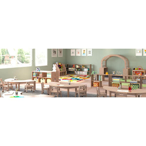 Bright Beginnings Commercial Grade Bow Front 3 Tier Wooden Classroom Open Corner Storage Unit, Natural Finish