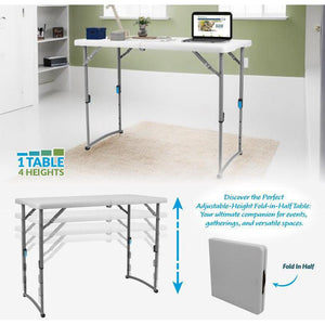 Fold-in-Half Adjustable Height Plastic Folding Table, 48" x 24", Speckled Grey Top with Grey Frame