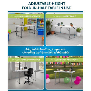 Fold-in-Half Adjustable Height Plastic Folding Table, 48" x 24", Speckled Grey Top with Grey Frame