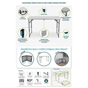 Fold-in-Half Adjustable Height Plastic Folding Table, 48" x 24", Speckled Grey Top with Grey Frame