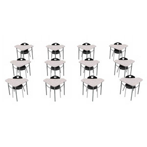 Classroom Desk and Chair Package, 12 Kaleidoscope Adjustable Height Triangle Desks with Solid Plastic Tops, 12 Ovation Stack Chairs