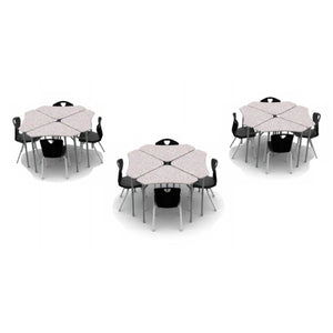 Classroom Desk and Chair Package, 12 Kaleidoscope Adjustable Height Triangle Desks with Solid Plastic Tops, 12 Ovation Stack Chairs