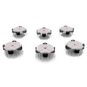 Classroom Desk and Chair Package, 24 Kaleidoscope Adjustable Height Triangle Desks with Solid Plastic Tops, 24 Ovation Stack Chairs