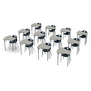 Classroom Desk and Chair Package, 12 Kaleidoscope Adjustable Height Vertebrae Desks with Solid Plastic Tops, 12 Ovation Stack Chairs