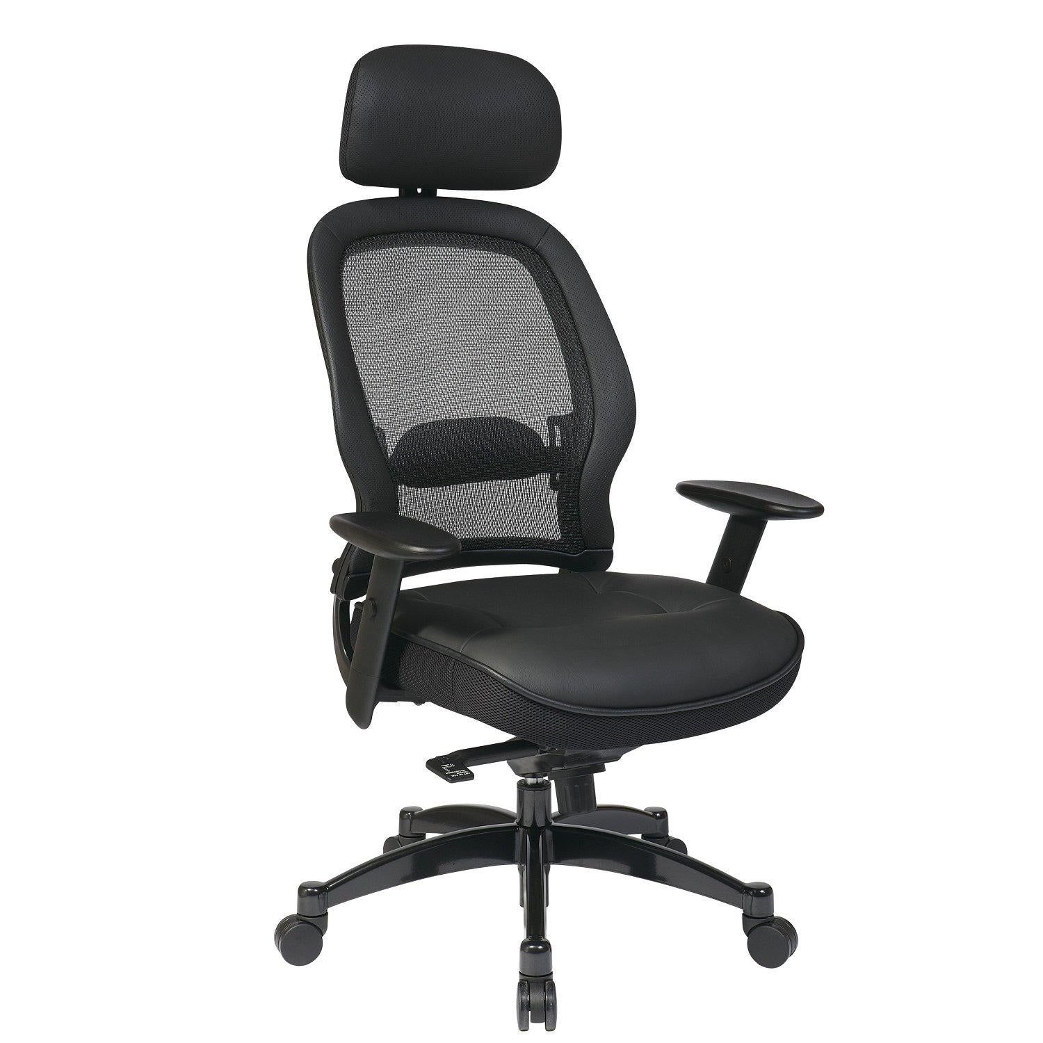 Breathable Mesh Back Manager's Chair with Black Leather Seat and Adjustable Headrest