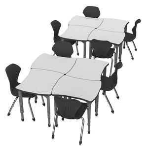 Apex White Dry Erase Classroom Desk and Chair Package, 8 Dog Bone/Contour Collaborative Student Desks with 8 Apex Stack Chairs