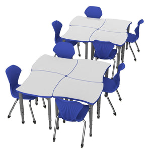 Apex White Dry Erase Classroom Desk and Chair Package, 8 Dog Bone/Contour Collaborative Student Desks with 8 Apex Stack Chairs