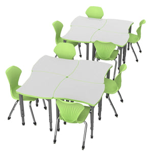 Apex White Dry Erase Classroom Desk and Chair Package, 8 Dog Bone/Contour Collaborative Student Desks with 8 Apex Stack Chairs