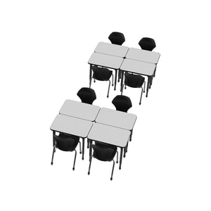 Apex White Dry Erase Classroom Desk and Chair Package, 8 Rectangle Collaborative Student Desks, 20" x 36", with 8 Apex Stack Chairs