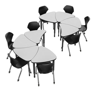 Apex White Dry Erase Classroom Desk and Chair Package, 8 Small Chevron Collaborative Student Desks with 8 Apex Stack Chairs