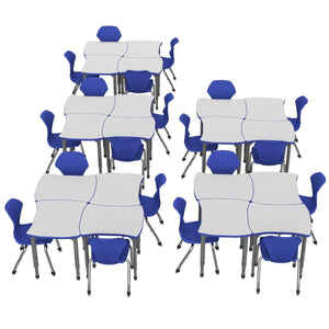 Apex White Dry Erase Classroom Desk and Chair Package, 20 Dog Bone/Contour Collaborative Student Desks with 20 Apex Stack Chairs